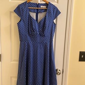 NWOT tags Bbonline blue and white polka dress. Size Large